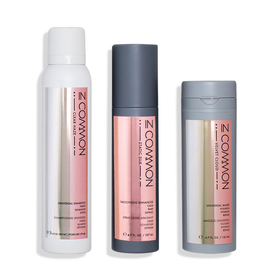 Smoothing System, Clear Haze Universal Shampoo, Static Silk Smoothing Enhancer, and Velvet Cloud Universal Mask