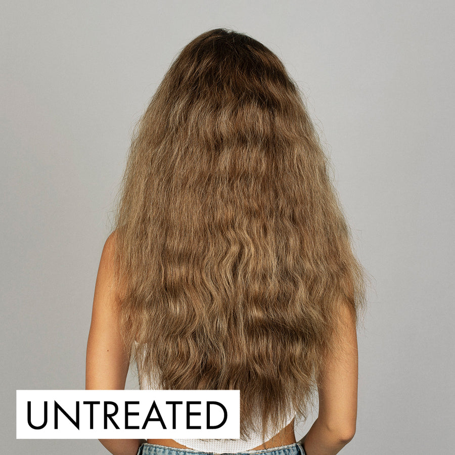 picture of the back of a models hair untreated looking frizzy